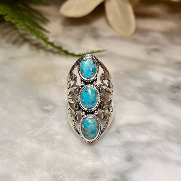 Vintage Handmade Genuine Turquoise Ring Solid 925 Sterling Silver Filigree Ring - Picture 13 of 15